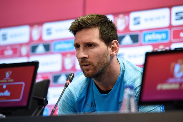 Barcelona's Argentinian forward Lionel Messi holds a press conference at the Joan Gamper Sports City in Sant Joan Despi near Barcelona on May 24, 2019 on the eve of the 2019 Copa del Rey (King's Cup) final football match between Barcelona and Valencia. (Photo by Josep LAGO / AFP)        (Photo credit should read JOSEP LAGO/AFP/Getty Images)