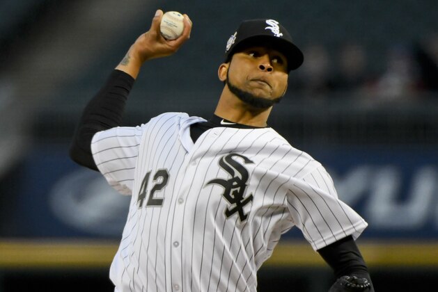 Chicago White Sox starting pitcher Ervin Santana delivers during the first inning of a baseball game against the Kansas City Royals Monday, April 15, 2019, in Chicago. (AP Photo/Matt Marton)