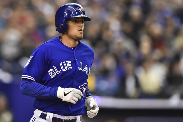 MONTREAL, QC - MARCH 26:  Cavan Biggio #67 of the Toronto Blue Jays walks to first base against the Milwaukee Brewers during MLB spring training at Olympic Stadium on March 26, 2019 in Montreal, Quebec, Canada.  The Toronto Blue Jays defeated the Milwaukee Brewers 2-0.  (Photo by Minas Panagiotakis/Getty Images)