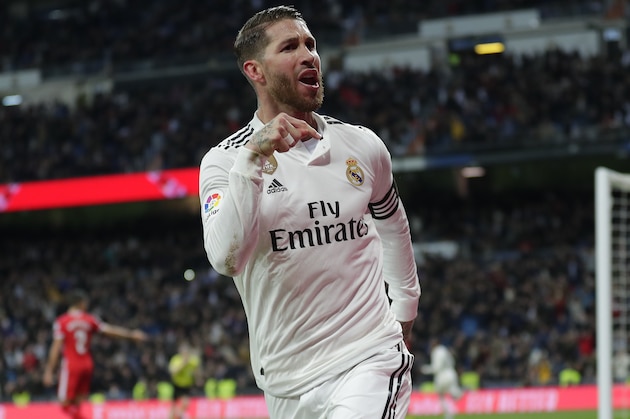 Real Madrid's Sergio Ramos celebrates after scoring during a Spanish Copa del Rey soccer match between Real Madrid and Girona in Madrid, Spain, Thursday, Jan. 24, 2019. (AP Photo/Manu Fernandez)