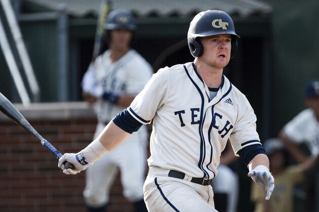 Georgia Tech's Kyle McCann bats against Western Carolina during an NCAA college baseball game, Friday, May 3, 2019, in Atlanta. (AP Photo/John Amis)