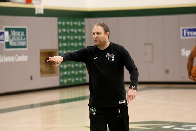 MILWAUKEE, WI - NOVEMBER 15: Assistant Coach Taylor Jenkins of Milwaukee Buck reacts during an all-access practice on November 15, 2018 at the Froedtert & the Medical College of Wisconsin Sports Science Center in Milwaukee, Wisconsin. NOTE TO USER:  User expressly acknowledges and agrees that, by downloading and or using this Photograph, user is consenting to the terms and conditions of the Getty Images License Agreement.  Mandatory Copyright Notice:  Copyright 2018 NBAE (Photo by Gary Dineen/NBAE via Getty Images)