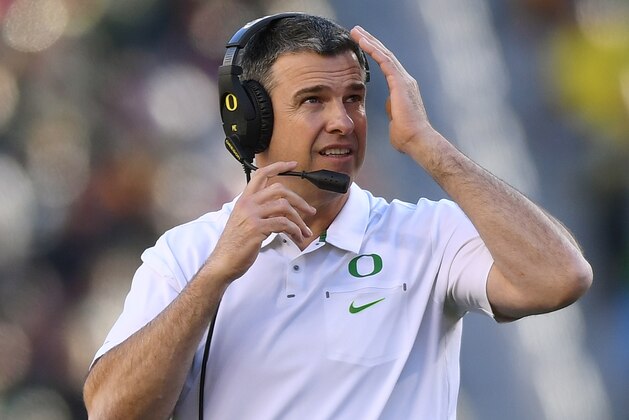SANTA CLARA, CA - DECEMBER 31:  Head coach Mario Cristobal of the Oregon Ducks looks on against the Michigan State Spartans during the second half of the Redbox Bowl at Levi's Stadium on December 31, 2018 in Santa Clara, California.  (Photo by Thearon W. Henderson/Getty Images)