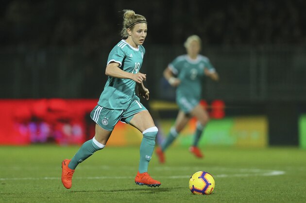Germany forward Svenja Huth runs on the field during a women's international friendly soccer match between France and Germany at Francis-le-Basser stadium in Laval, western France, Thursday, Feb. 28, 2019. (AP Photo/David Vincent)