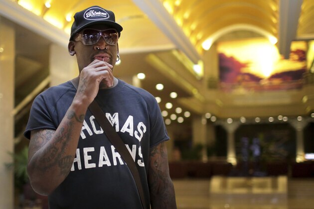 Former NBA basketball star Dennis Rodman leaves the Koryo hotel for Sunan International Airport on Saturday, June 17, 2017, in Pyongyang, North Korea. (AP Photo/Wong Maye-E)