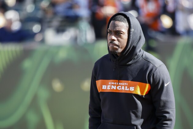 Cincinnati Bengals wide receiver A.J. Green stands on the field during practice before an NFL football game against the New Orleans Saints, Sunday, Nov. 11, 2018, in Cincinnati. (AP Photo/Frank Victores)