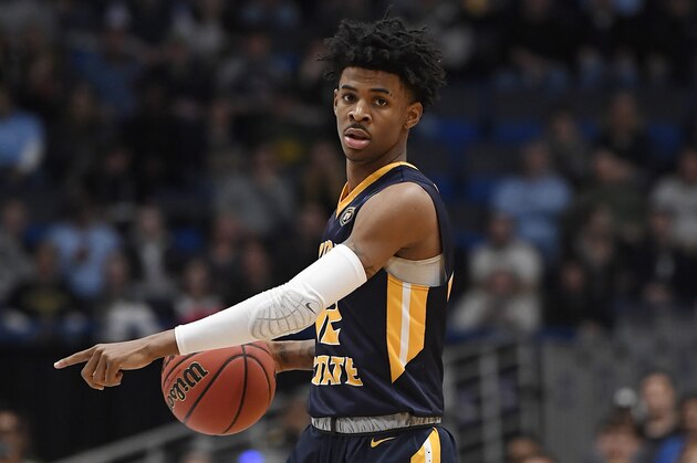 Murray State's Ja Morant (12) during the second half of a second round men's college basketball game in the NCAA tournament, Saturday, March 23, 2019, in Hartford, Conn. (AP Photo/Jessica Hill)