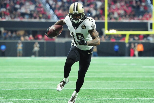 ATLANTA, GA - SEPTEMBER 23: Ted Ginn, Jr. #19 of the New Orleans Saints runs with a catch for a first quarter touchdown against the Atlanta Falcons at Mercedes-Benz Stadium on September 23, 2018 in Atlanta, Georgia. (Photo by Scott Cunningham/Getty Images)