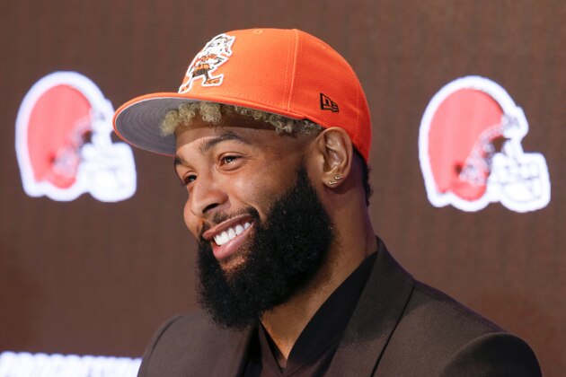 FILE - In this April 1, 2019, file photo, Cleveland Browns' Odell Beckham answers questions during an NFL football news conference in Berea, Ohio. The star wide receiver reported to the team’s headquarters Monday and is on the field Tuesday, May 14, 2019, for practice. (AP Photo/Ron Schwane, File)