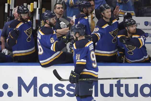St. Louis Blues right wing Vladimir Tarasenko (91), of Russia, is congratulated after scoring a goal against the San Jose Sharks during the first period in Game 6 of the NHL hockey Stanley Cup Western Conference final series Tuesday, May 21, 2019, in St. Louis. (AP Photo/Tom Gannam)
