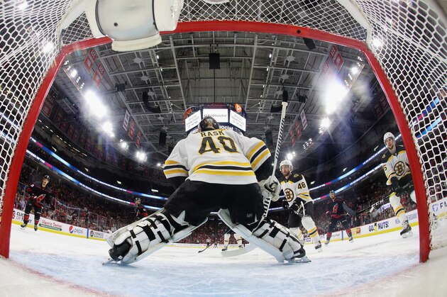 RALEIGH, NORTH CAROLINA - MAY 16: Tuukka Rask #40 of the Boston Bruins skates against the Carolina Hurricanes in Game Four of the Eastern Conference Final during the 2019 NHL Stanley Cup Playoffs at the PNC Arena on May 16, 2019 in Raleigh, North Carolina. The Bruins shut out the Hurricanes 4-0 to sweep the series and move on to the Stanley Cup Finals. (Photo by Bruce Bennett/Getty Images)