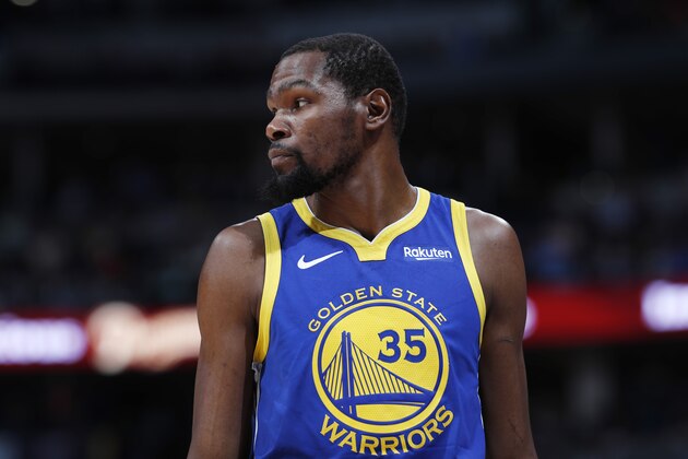 Golden State Warriors forward Kevin Durant (35) in the first half of an NBA basketball game Tuesday, Jan. 15, 2019, in Denver. (AP Photo/David Zalubowski)
