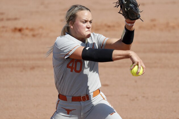 Texas pitcher Miranda Elish #40 during an NCAA softball game on Thursday Feb. 14, 2019 in Clearwater, Fla. (AP Photo/Casey Brooke Lawson)