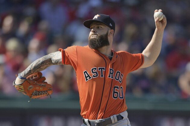 Houston Astros starting pitcher Dallas Keuchel delivers in the second inning during Game 3 of the baseball American League Division Series against the Cleveland Indians, Monday, Oct. 8, 2018, in Cleveland. (AP Photo/David Dermer)