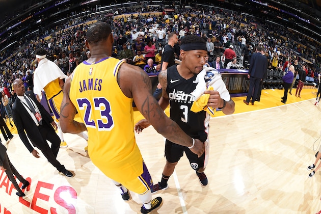 LOS ANGELES, CA - MARCH 26: LeBron James #23 of the Los Angeles Lakers and Bradley Beal #3 of the Washington Wizards talk after a game on March 26, 2019 at STAPLES Center in Los Angeles, California. NOTE TO USER: User expressly acknowledges and agrees that, by downloading and/or using this Photograph, user is consenting to the terms and conditions of the Getty Images License Agreement. Mandatory Copyright Notice: Copyright 2019 NBAE (Photo by Andrew D. Bernstein/NBAE via Getty Images)