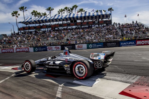 LONG BEACH, CA - APRIL 14, 2019:  The #22 Chevrolet IndyCar of Simon Pagenaud, of France,  races on the track during the IndyCar race at the Acura Grand Prix of Long Beach on the streets of Long Beach, Long Beach, CA. (Photo by Brian Cleary/Getty Images)