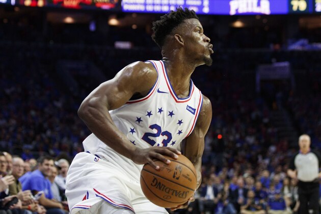 Philadelphia 76ers' Jimmy Butler in action during the second half of Game 3 of a second-round NBA basketball playoff series against the Toronto Raptors, Thursday, May 2, 2019, in Philadelphia. 76ers won 116-95. (AP Photo/Chris Szagola)