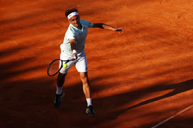 ROME, ITALY - MAY 16: Roger Federer of Switzerland plays a forehand against Borna Coric of Croatia in their third round match during day five of the International BNL d'Italia at Foro Italico on May 16, 2019 in Rome, Italy. (Photo by Clive Brunskill/Getty Images)