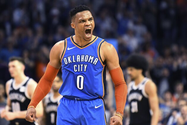 Oklahoma City Thunder guard Russell Westbrook (0) celebrates after a 3 point shot during the second half of the team's NBA basketball game against the Brooklyn Nets on Wednesday, March 13, 2019, in Oklahoma City. (AP Photo/June Frantz Hunt)