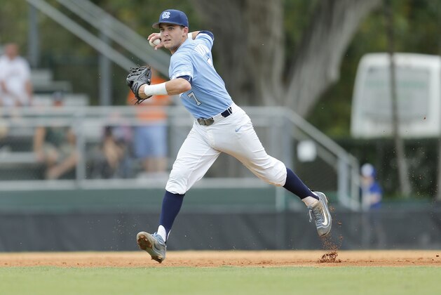 CORAL GABLES, FL - APRIL 3: Logan Warmoth #7 of the North Carolina Tar Heels fields the ball hit by Edgar Michelangeli #16 (not pictured) of the Miami Hurricanes on April 3, 2016 at Alex Rodriguez Park at Mark Light Field in Coral Gables, Florida. Miami defeated North Carolina 7-4. (Photo by Joel Auerbach/Getty Images)