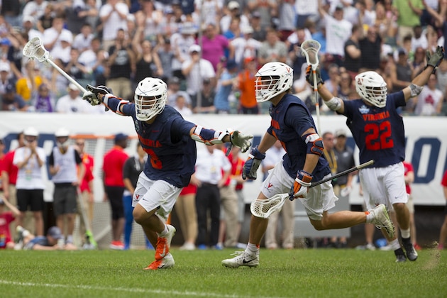 PHILADELPHIA, PA - MAY 25: Ian Laviano #3 of Virginia Cavaliers celebrates his game winning goal in double overtime of the 2019 NCAA Division I Men's Lacrosse Championship Semifinals with Ryan Conrad #22 and Dox Aitken #6 against the Duke Blue Devils at Lincoln Financial Field on May 25, 2019 in Philadelphia, Pennsylvania. The Virginia Cavaliers defeated the Duke Blue Devils 13-12 in double overtime (Photo by Mitchell Leff/Getty Images)