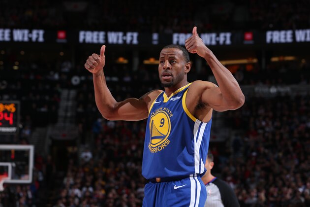 PORTLAND, OR - MAY 18: Andre Iguodala #9 of the Golden State Warriors looks for the jump ball during the game against the Portland Trail Blazers during Game Three of the Western Conference Finals of the 2019 NBA Playoffs on May 18, 2019 at the Moda Center in Portland, Oregon. NOTE TO USER: User expressly acknowledges and agrees that, by downloading and or using this photograph, user is consenting to the terms and conditions of the Getty Images License Agreement. Mandatory Copyright Notice: Copyright 2019 NBAE (Photo by Sam Forencich/NBAE via Getty Images)