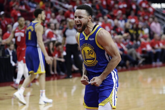 Golden State Warriors guard Stephen Curry (30) celebrates the team's win over Houston in Game 6 of a second-round NBA basketball playoff series, Friday, May 10, 2019, in Houston. Golden State won 118-113, winning the series. (AP Photo/Eric Gay)