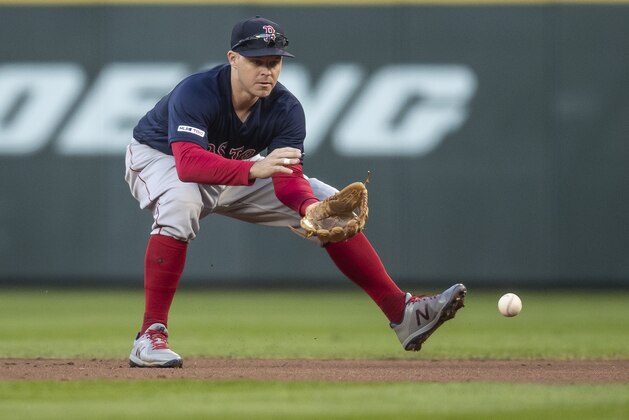 SEATTLE, WA - MARCH 30: Second baseman Brock Holt #12 of the Boston Red Sox fields a ground ball during a game against the Seattle Mariners at T-Mobile Park on March 30, 2019 in Seattle, Washington. The Mariners won the game 6-5. (Photo by Stephen Brashear/Getty Images)