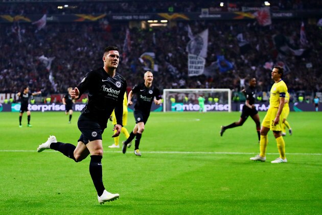 FRANKFURT AM MAIN, GERMANY - MAY 02: Luka Jovic of Eintracht Frankfurt celebrates scoring the opening goal during the UEFA Europa League Semi Final First Leg match between Eintracht Frankfurt and Chelsea at Commerzbank-Arena on May 02, 2019 in Frankfurt am Main, Germany. (Photo by Chris Brunskill/Fantasista/Getty Images)