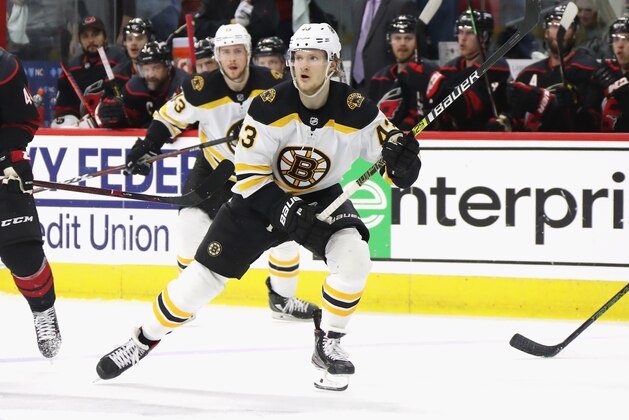 RALEIGH, NORTH CAROLINA - MAY 16: Danton Heinen #43 of the Boston Bruins skates against the Carolina Hurricanes in Game Four of the Eastern Conference Final during the 2019 NHL Stanley Cup Playoffs at the PNC Arena on May 16, 2019 in Raleigh, North Carolina. The Bruins shut out the Hurricanes 4-0 to sweep the series and move on to the Stanley Cup Finals. (Photo by Bruce Bennett/Getty Images)