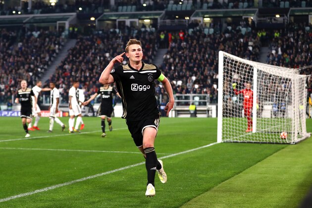 TURIN, ITALY - APRIL 16: Matthijs de Ligt of Ajax celebrates after scoring his team's second goal during the UEFA Champions League Quarter Final second leg match between Juventus and Ajax at Allianz Stadium on April 16, 2019 in Turin, Italy. (Photo by Michael Steele/Getty Images)