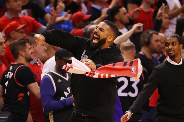 TORONTO, ONTARIO - MAY 25: Rapper Drake reacts during game six of the NBA Eastern Conference Finals between the Milwaukee Bucks and the Toronto Raptors at Scotiabank Arena on May 25, 2019 in Toronto, Canada. NOTE TO USER: User expressly acknowledges and agrees that, by downloading and or using this photograph, User is consenting to the terms and conditions of the Getty Images License Agreement. (Photo by Gregory Shamus/Getty Images)