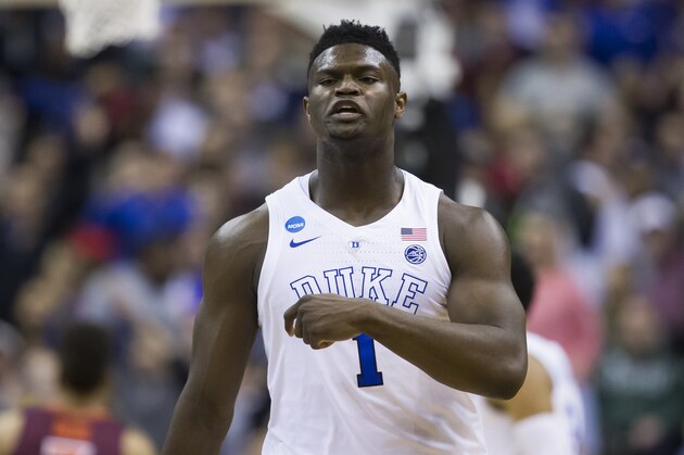 Duke forward Zion Williamson (1) reacts during the second half of an NCAA men's college East Regional semifinal basketball game against Virginia Tech in Washington, Saturday, March 30, 2019. (AP Photo/Alex Brandon)
