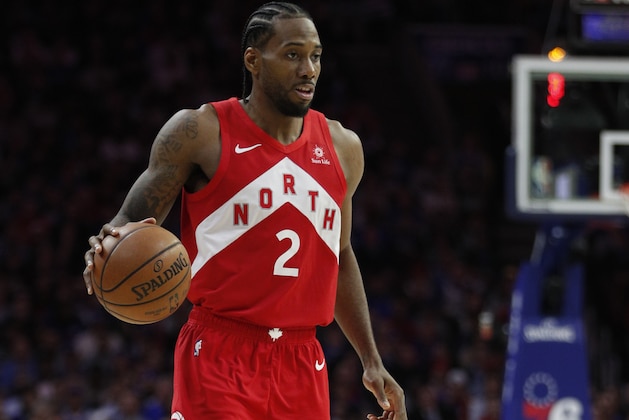 Toronto Raptors' Kawhi Leonard in action during the second half of Game 6 of a second-round NBA basketball playoff series against the Philadelphia 76ers, Thursday, May 9, 2019, in Philadelphia. 76ers won 112-101. (AP Photo/Chris Szagola)