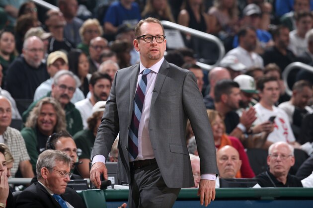 MILWAUKEE, WI - MAY 23: Head Coach Nick Nurse of the Toronto Raptors looks on against the Milwaukee Bucks during Game Five of the Eastern Conference Finals on May 23, 2019 at the Fiserv Forum in Milwaukee, Wisconsin. NOTE TO USER: User expressly acknowledges and agrees that, by downloading and/or using this photograph, user is consenting to the terms and conditions of the Getty Images License Agreement. Mandatory Copyright Notice: Copyright 2019 NBAE (Photo by Gary Dineen/NBAE via Getty Images)
