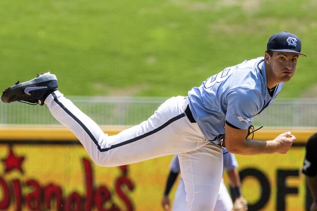 North Carolina's Connor Ollio (48) pitches during the ACC NCAA college baseball championship game against Georgia Tech in Durham, N.C., Sunday, May 26, 2019. (AP Photo/Ben McKeown)