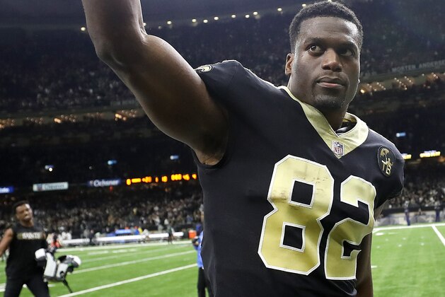 NEW ORLEANS, LOUISIANA - JANUARY 13:  Benjamin Watson #82 of the New Orleans Saints reacts after his teams win over the Philadelphia Eagles in the NFC Divisional Playoff Game at Mercedes Benz Superdome on January 13, 2019 in New Orleans, Louisiana. The Saints defeated the Eagles 20-14. (Photo by Chris Graythen/Getty Images)