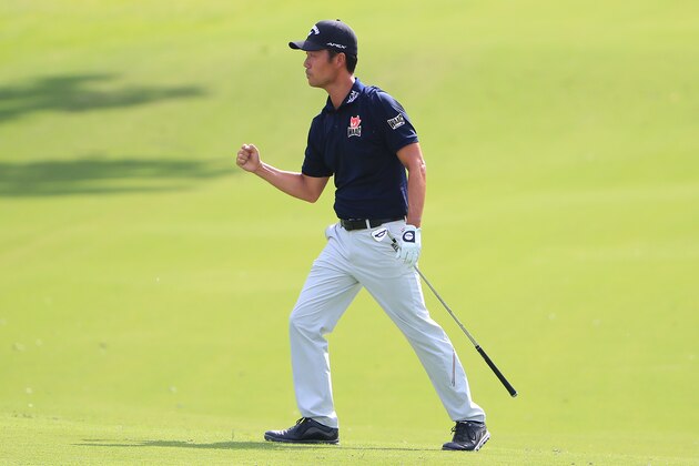 FORT WORTH, TEXAS - MAY 26:  Kevin Na of the United States celebrates after playing his shot from the 18th fairway during the final round of the Charles Schwab Challenge at Colonial Country Club on May 26, 2019 in Fort Worth, Texas. (Photo by Tom Pennington/Getty Images)