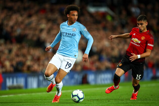 MANCHESTER, ENGLAND - APRIL 24:  Leroy Sane of Manchester City during the Premier League match between Manchester United and Manchester City at Old Trafford on April 24, 2019 in Manchester, United Kingdom. (Photo by Robbie Jay Barratt - AMA/Getty Images)