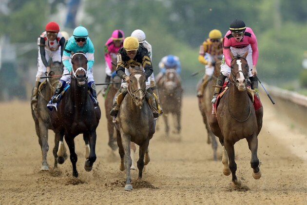 BALTIMORE, MARYLAND - MAY 18: Jockey Tyler Gaffalione celebrates after crossing the finish line on War of Will #8 to win the 144th Running of the Preakness Stakes at Pimlico Race Course on May 18, 2019 in Baltimore, Maryland. (Photo by Rob Carr/Getty Images)