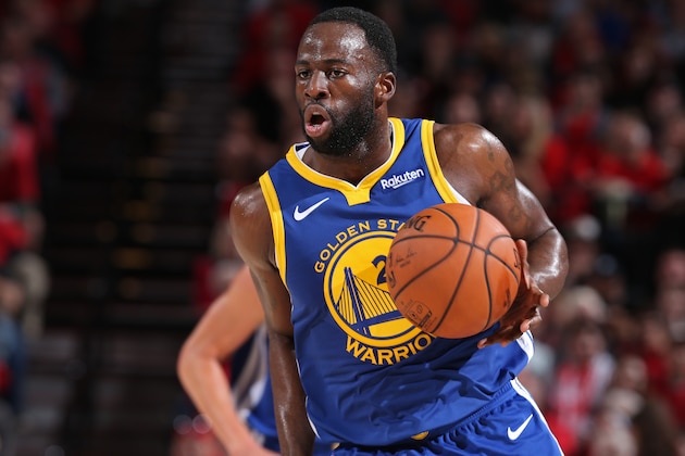PORTLAND, OR - MAY 20:  Draymond Green #23 of the Golden State Warriors handles the ball against the Portland Trail Blazers during Game Four of the Western Conference Finals on May 20, 2019 at the Moda Center in Portland, Oregon. NOTE TO USER: User expressly acknowledges and agrees that, by downloading and/or using this photograph, user is consenting to the terms and conditions of the Getty Images License Agreement. Mandatory Copyright Notice: Copyright 2019 NBAE (Photo by Sam Forencich/NBAE via Getty Images)
