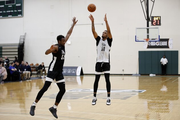 CHICAGO, IL - MAY 13: Darel Poirier #50 shoots the ball during the morning session of Day Two of the NBA G League Elite Mini Camp on May 13, 2019 at the Quest Multisport Sports Training Facility in Chicago, Illinois. NOTE TO USER: User expressly acknowledges and agrees that, by downloading and/or using this photograph, user is consenting to the terms and conditions of the Getty Images License Agreement. Mandatory Copyright Notice: Copyright 2019 NBAE (Photo by Kamil Krzaczynski/NBAE via Getty Images)