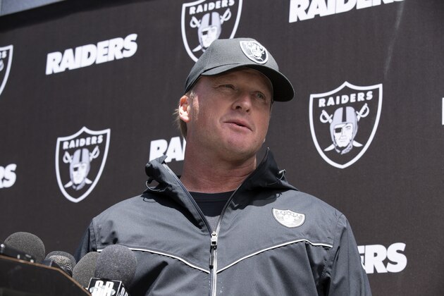 Oakland Raiders head coach Jon Gruden answers questions at a press conference following an official team activity, Tuesday, May 21, 2019 at the NFL football team's headquarters in Alameda, Calif. (AP Photo/D. Ross Cameron)