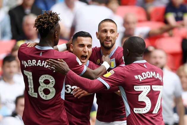 LONDON, ENGLAND - MAY 27:   Anwar El Ghazi of Aston Villa celebrates with his teammates after he scores his sides first goal during the Sky Bet Championship Play-off Final match between Aston Villa and Derby County at Wembley Stadium on May 27, 2019 in London, United Kingdom. (Photo by Mike Hewitt/Getty Images)