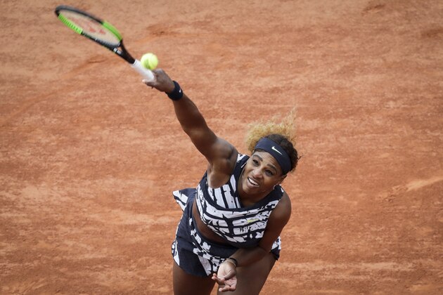 Serena Williams of the US serves the ball to Russia's Vitalia Diatchenko during their women's singles first round match on day two of The Roland Garros 2019 French Open tennis tournament in Paris on May 27, 2019. (Photo by Thomas SAMSON / AFP)        (Photo credit should read THOMAS SAMSON/AFP/Getty Images)