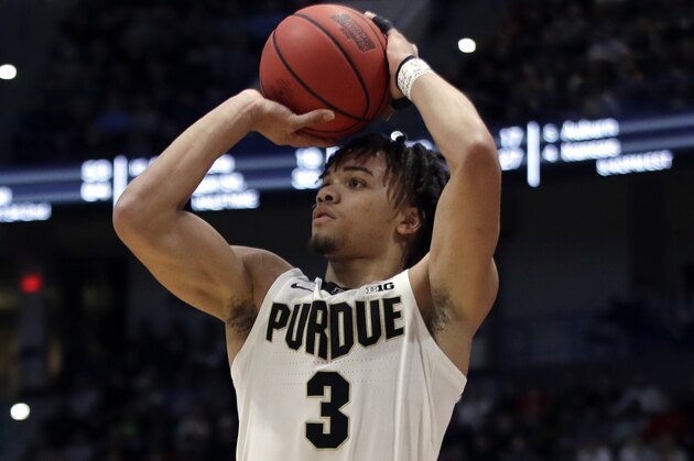 Purdue's Carsen Edwards (3) shoots the ball during a second round men's college basketball game in the NCAA Tournament, Saturday, March 23, 2019, in Hartford, Conn. (AP Photo/Elise Amendola)