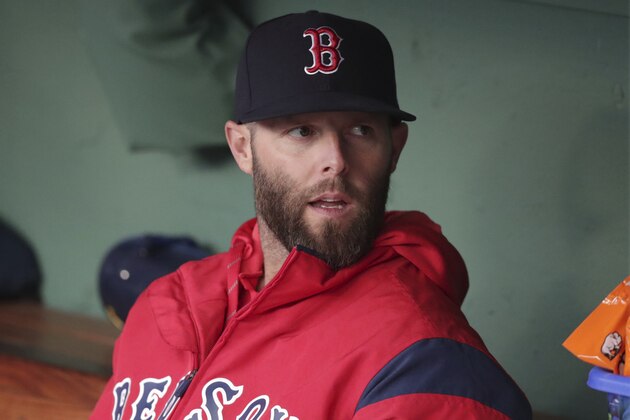 Boston Red Sox's Dustin Pedroia in the dugout prior to a baseball game at Fenway Park, Tuesday, April 30, 2019, in Boston. (AP Photo/Charles Krupa)