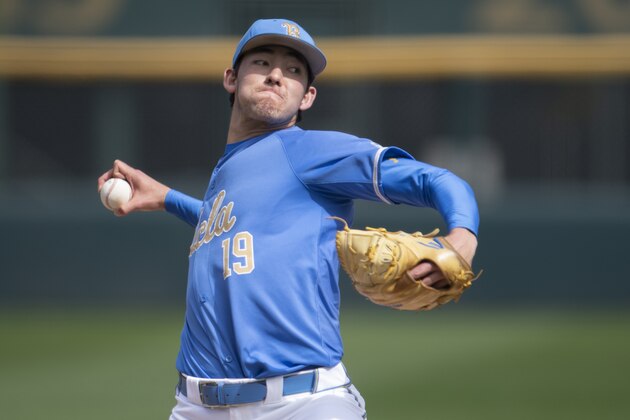 UCLA pitcher Jack Ralston delivers a pitch during an NCAA college baseball game against Sacramento State, Sunday, March 3, 2019, in Los Angeles. (AP Photo/Kyusung Gong)