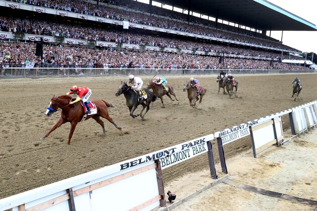 ELMONT, NY - JUNE 09:  Justify #1, ridden by jockey Mike Smith crosses the finish line to win the 150th running of the Belmont Stakes at Belmont Park on June 9, 2018 in Elmont, New York. Justify becomes the thirteenth Triple Crown winner and the first since American Pharoah in 2015.  (Photo by Al Bello/Getty Images)
