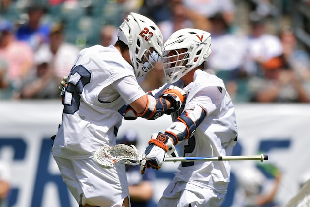PHILADELPHIA, PA - MAY 27: Petey LaSalla #23 and Michael Kraus #2 of Virginia Cavaliers celebrate a second quarter goal against the Yale Bulldogs during the NCAA Division I Men's Lacrosse Championship at Lincoln Financial Field on May 27, 2019 in Philadelphia, Pennsylvania. (Photo by Drew Hallowell/Getty Images)